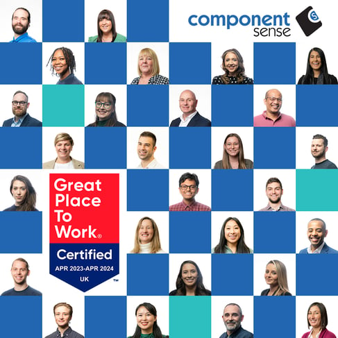 Photo montage of Component Sense team members with a badge showing the company is certified as a great place to work.