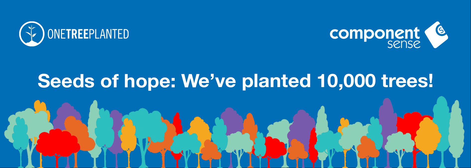 A blue blog banner featuring graphic, multi-coloured trees. 